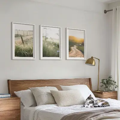 Wanddecoratie set schilderijen landschap met weide weg en zonsondergang