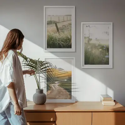 Wanddecoratie set schilderijen landschap met weide weg en zonsondergang