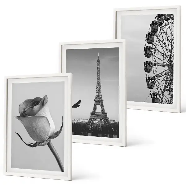 Wanddecoratieset met schilderijen deze set toont een roos, de Eiffeltoren en een reuzenrad