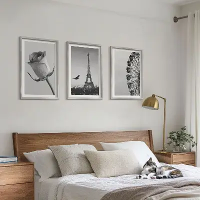 Wanddecoratieset met schilderijen deze set toont een roos, de Eiffeltoren en een reuzenrad