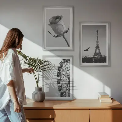 Wanddecoratieset met schilderijen deze set toont een roos, de Eiffeltoren en een reuzenrad