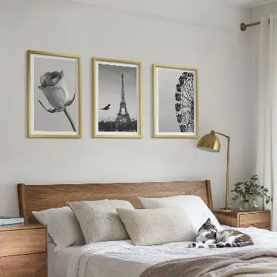 Wanddecoratieset met schilderijen deze set toont een roos, de Eiffeltoren en een reuzenrad