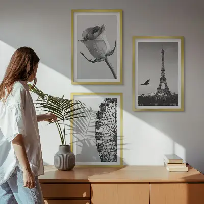 Wanddecoratieset met schilderijen deze set toont een roos, de Eiffeltoren en een reuzenrad