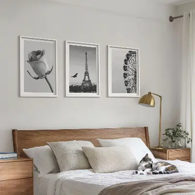 Wanddecoratieset met schilderijen deze set toont een roos, de Eiffeltoren en een reuzenrad