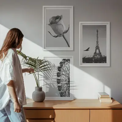 Wanddecoratieset met schilderijen deze set toont een roos, de Eiffeltoren en een reuzenrad