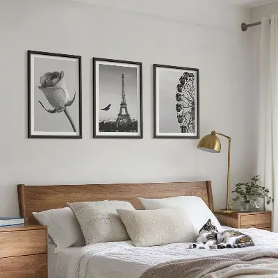 Wanddecoratieset met schilderijen deze set toont een roos, de Eiffeltoren en een reuzenrad