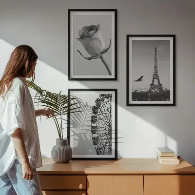 Wanddecoratieset met schilderijen deze set toont een roos, de Eiffeltoren en een reuzenrad