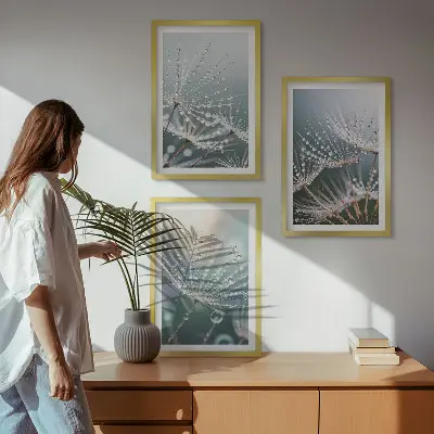Wanddecoratieset schilderijen met waterdruppels op paardenbloemstelen