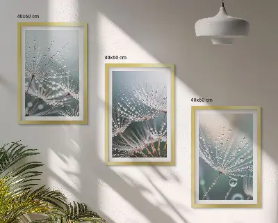 Wanddecoratieset schilderijen met waterdruppels op paardenbloemstelen