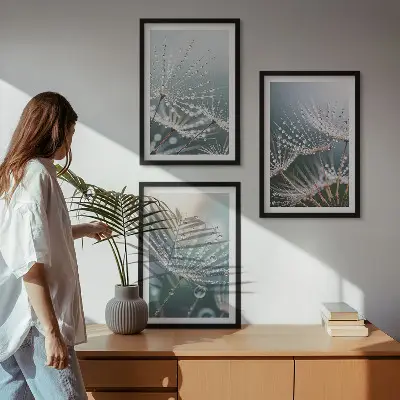 Wanddecoratieset schilderijen met waterdruppels op paardenbloemstelen