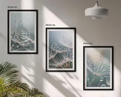 Wanddecoratieset schilderijen met waterdruppels op paardenbloemstelen