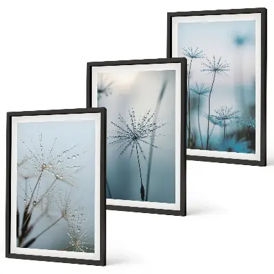 Wanddecoratieset schilderijen paardenbloemen met waterdruppels