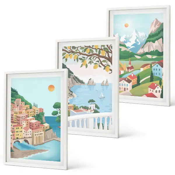 Wanddecoratieset schilderijen met pastelkleurige kustgezichten