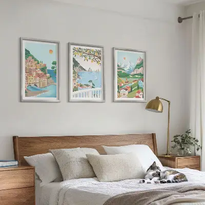 Wanddecoratieset schilderijen met pastelkleurige kustgezichten