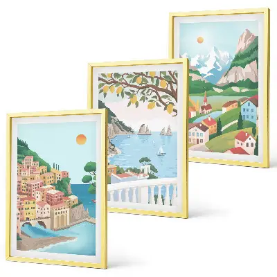 Wanddecoratieset schilderijen met pastelkleurige kustgezichten