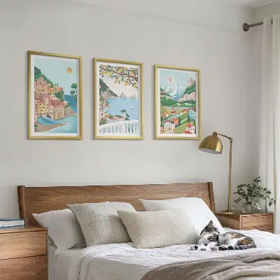 Wanddecoratieset schilderijen met pastelkleurige kustgezichten