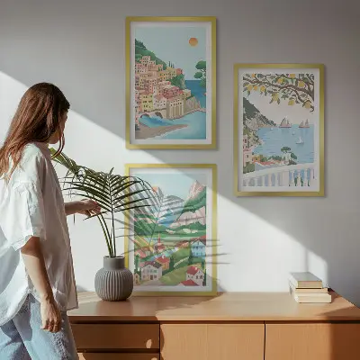 Wanddecoratieset schilderijen met pastelkleurige kustgezichten