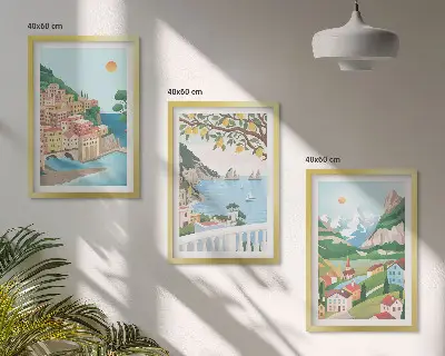 Wanddecoratieset schilderijen met pastelkleurige kustgezichten