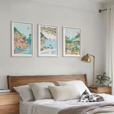 Wanddecoratieset schilderijen met pastelkleurige kustgezichten