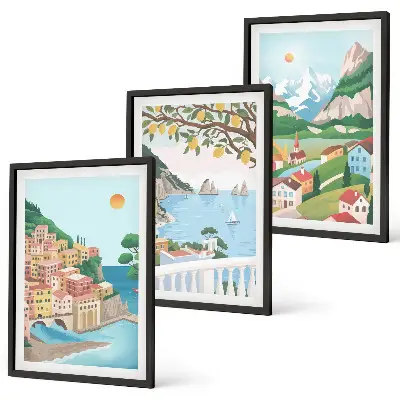 Wanddecoratieset schilderijen met pastelkleurige kustgezichten