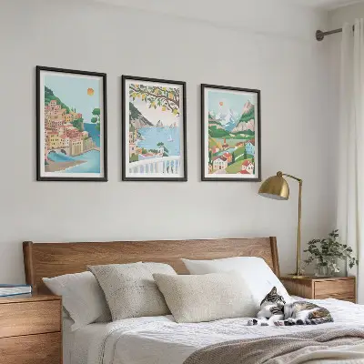 Wanddecoratieset schilderijen met pastelkleurige kustgezichten