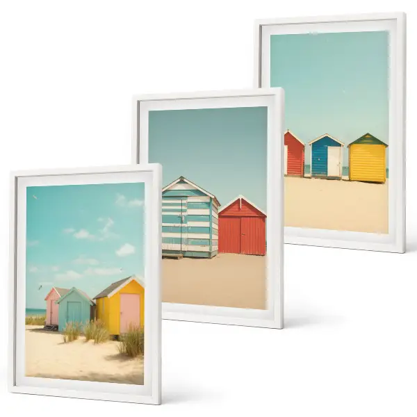 Wanddecoratieset schilderijen met gekleurde strandhuisjes en zon