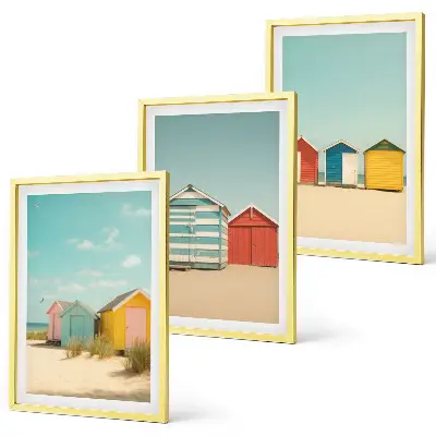 Wanddecoratieset schilderijen met gekleurde strandhuisjes en zon