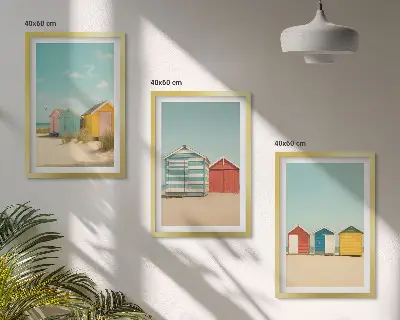 Wanddecoratieset schilderijen met gekleurde strandhuisjes en zon
