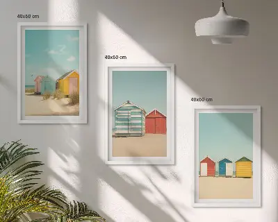 Wanddecoratieset schilderijen met gekleurde strandhuisjes en zon
