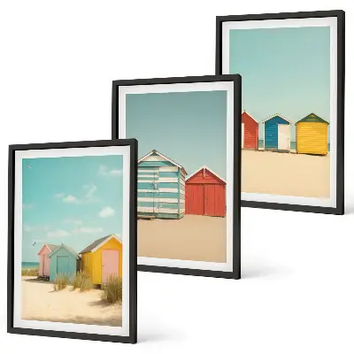 Wanddecoratieset schilderijen met gekleurde strandhuisjes en zon