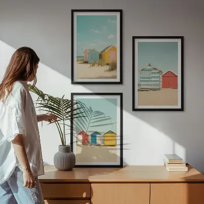 Wanddecoratieset schilderijen met gekleurde strandhuisjes en zon