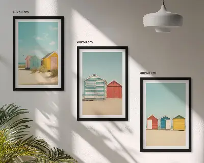 Wanddecoratieset schilderijen met gekleurde strandhuisjes en zon