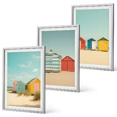 Wanddecoratieset schilderijen met gekleurde strandhuisjes en zon