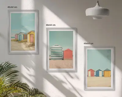 Fotowand met gekleurde strandhuisjes bij zonnig weer