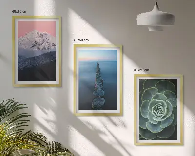 Wanddecoratieset met schilderijen met afbeelding van bergen, roze lucht, water en een vetplant