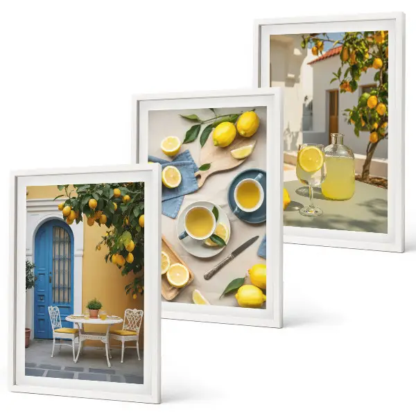 Wanddecoratie set schilderijen met citroenen limonade en blauwe deuren