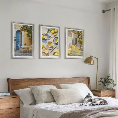 Wanddecoratie set schilderijen met citroenen limonade en blauwe deuren