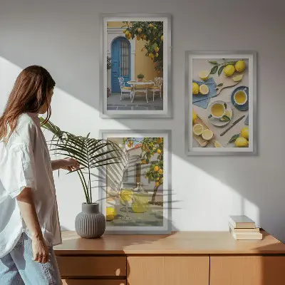 Wanddecoratie set schilderijen met citroenen limonade en blauwe deuren