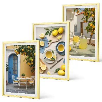 Wanddecoratie set schilderijen met citroenen limonade en blauwe deuren