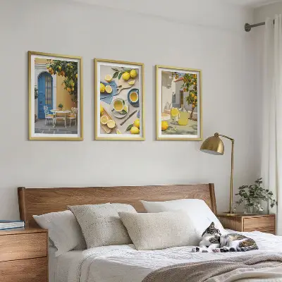 Wanddecoratie set schilderijen met citroenen limonade en blauwe deuren