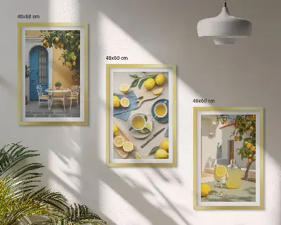 Wanddecoratie set schilderijen met citroenen limonade en blauwe deuren