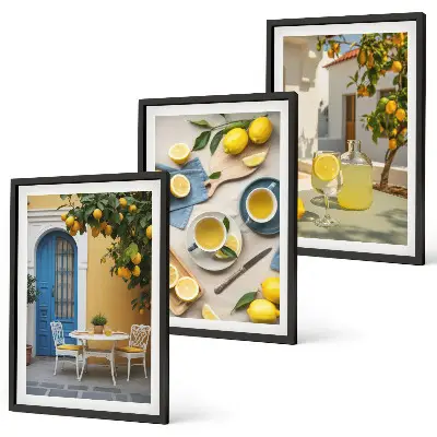 Wanddecoratie set schilderijen met citroenen limonade en blauwe deuren