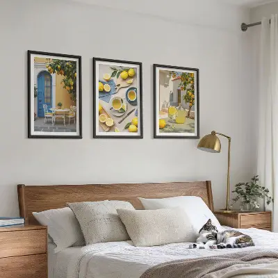 Wanddecoratie set schilderijen met citroenen limonade en blauwe deuren