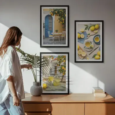 Wanddecoratie set schilderijen met citroenen limonade en blauwe deuren
