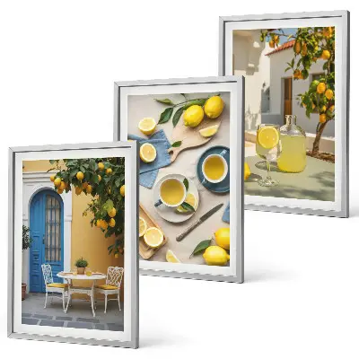 Wanddecoratie set schilderijen met citroenen limonade en blauwe deuren