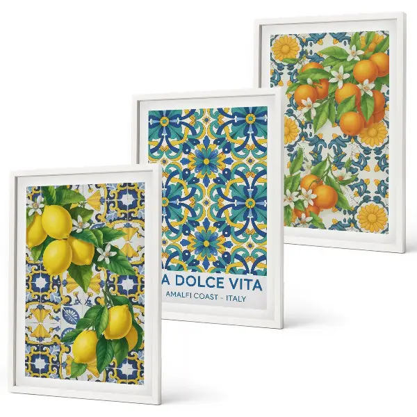 Wanddecoratieset met schilderijen met citroenen en oranjebloesem in Italiaanse stijl