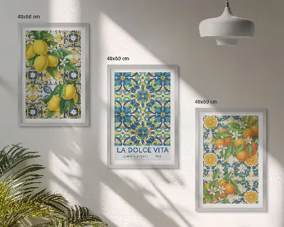 Wanddecoratieset met schilderijen met citroenen en oranjebloesem in Italiaanse stijl