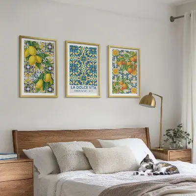 Wanddecoratieset met schilderijen met citroenen en oranjebloesem in Italiaanse stijl