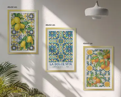 Wanddecoratieset met schilderijen met citroenen en oranjebloesem in Italiaanse stijl