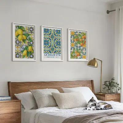 Wanddecoratieset met schilderijen met citroenen en oranjebloesem in Italiaanse stijl
